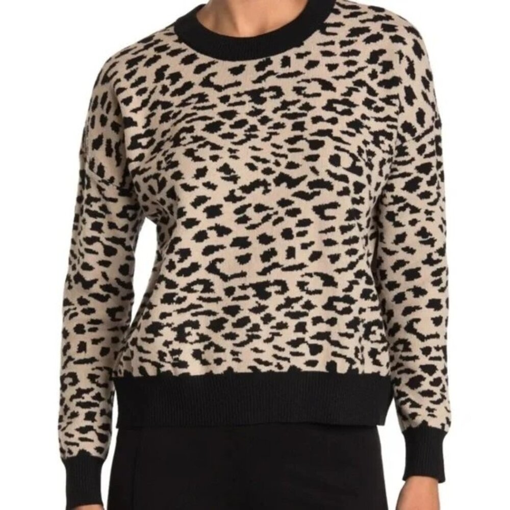 T Tahari Animal Print Crew Neck Sweater Large Neutral Leopard Pullover